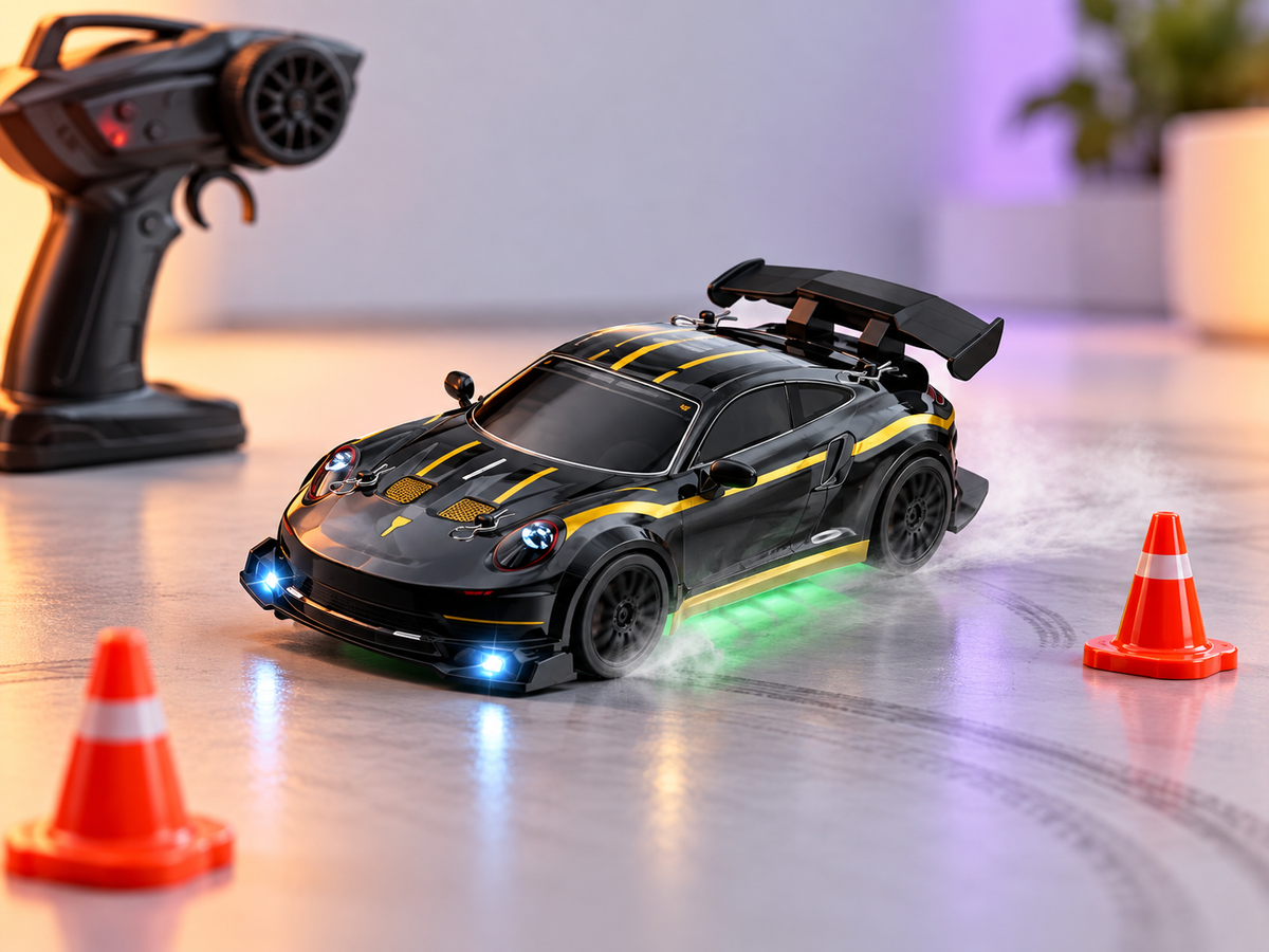 Wizualizacja aranżacyjna auta RC drift w skali 1:24, wersja czarno-żółta na mini torze.