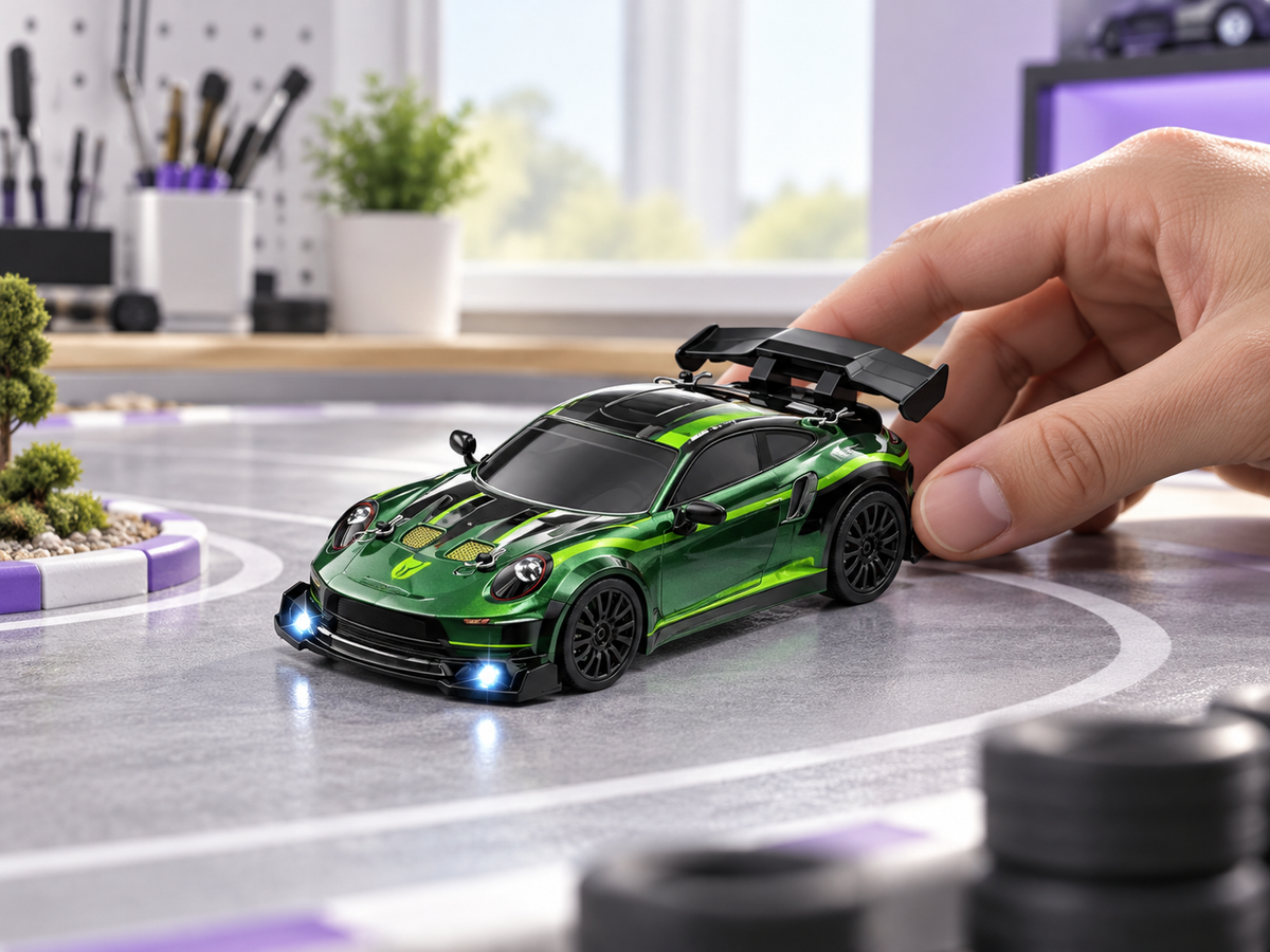 Wizualizacja aranżacyjna auta RC drift w skali 1:24, zielona karoseria na mini torze.