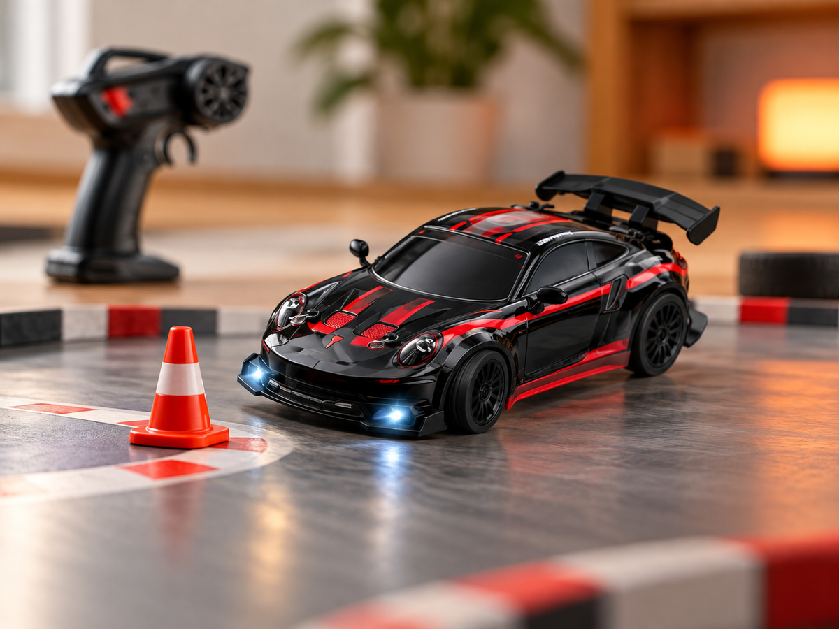 Wizualizacja aranżacyjna auta RC drift w skali 1:24, czerwono-czarna karoseria na mini torze.
